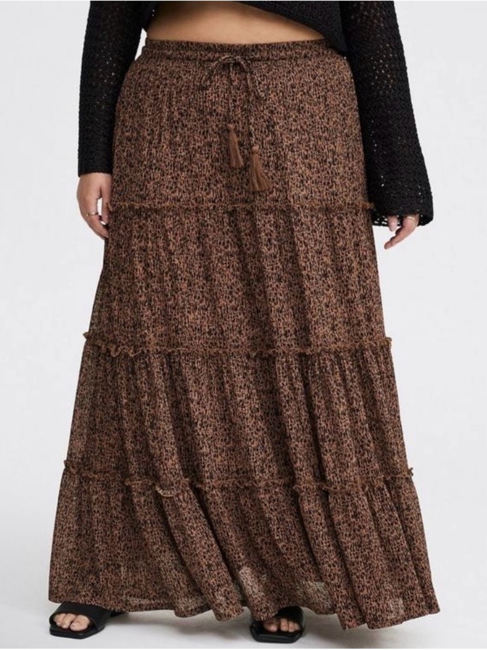 Torrid Bohemian Leopard Print Tiered Maxi Skirt Tassel Drawstring - 0X - NWT!
